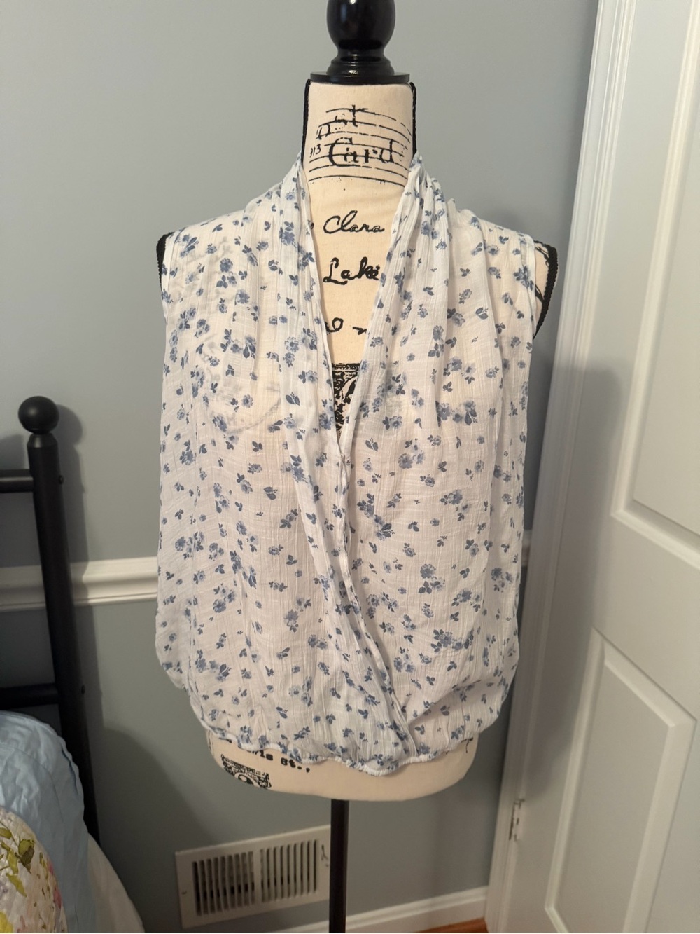 Lightweight White Camisole with Blue Floral Print